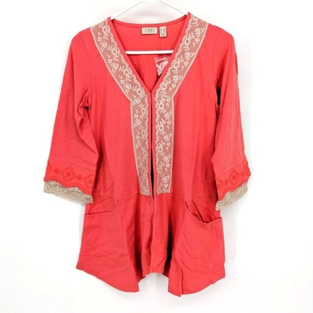 LOGO by Lori Goldstein Cotton Modal Cardigan w/ Lace‎ Vibrant Coral Women's XXS